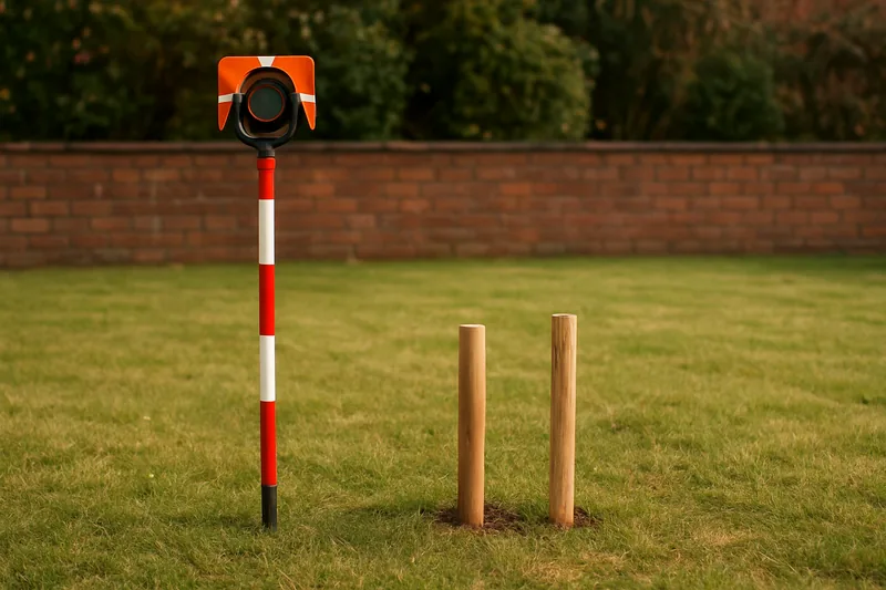 A prism pole on a lawn beside two plain timber pegs — land surveying, Albury. Illustrative example.