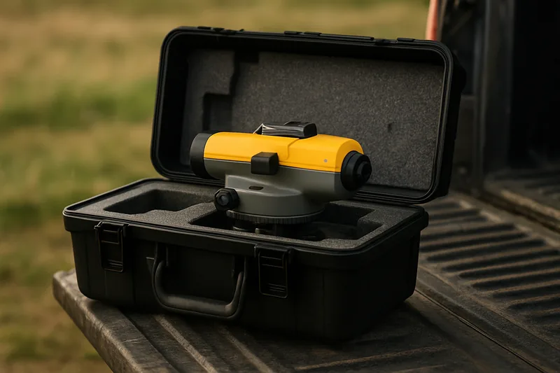 A hard instrument case open on a ute tailgate with an instrument in grey foam — who prepares a survey plan, Albury. Illustrative example.